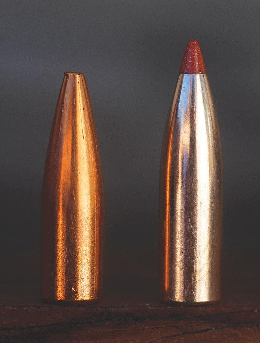 With the 1:14 twist rate, both rifles would not stabilize the long Nosler 50-grain Ballistic Tip LF bullet (right), while the Hornady 60-grain hollowpoint (left) worked fine.